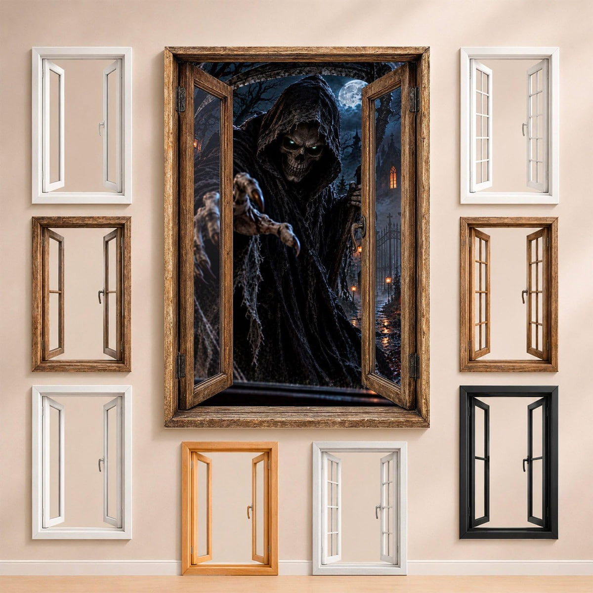 La faucheuse encapuchonnée et sa faux sous la pleine lune, entourée des fenêtres au choix : bois, PVC blanc, à carreaux, alu noir ou sans fenêtre, décor livré sur toile ou plexiglas (exemple)