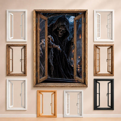 La faucheuse encapuchonnée et sa faux sous la pleine lune, entourée des fenêtres au choix : bois, PVC blanc, à carreaux, alu noir ou sans fenêtre, décor livré sur toile ou plexiglas (exemple)