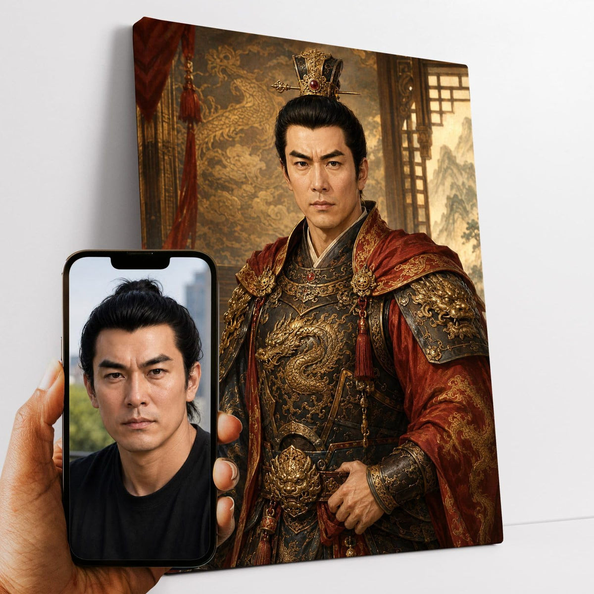 Portrait d'apparat d'après votre photo : votre visage en empereur chinois, armure brodée de dragons dorés et cape rouge, façon peinture classique, sur toile canvas, livré chez vous (exemple)