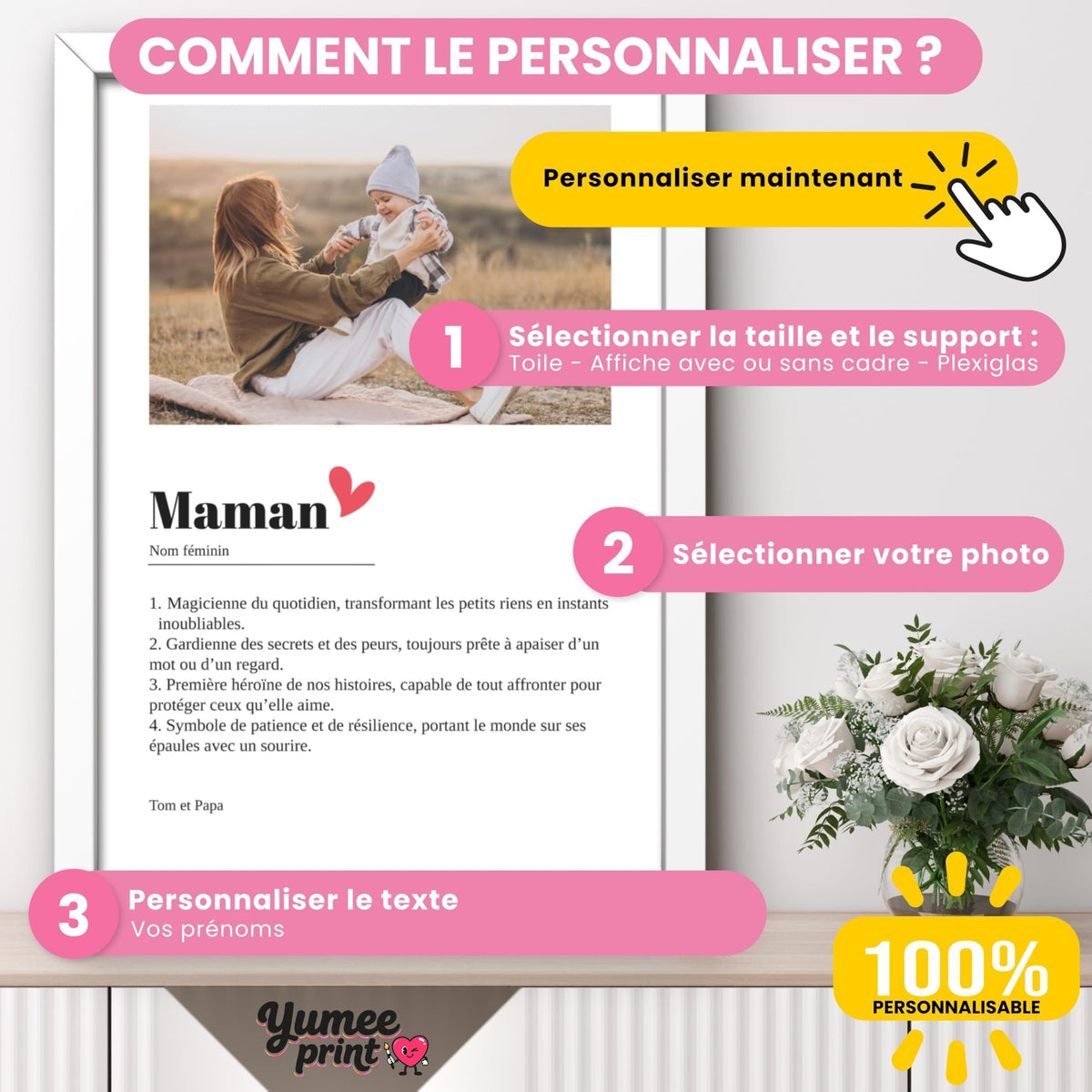 Personnalisez l'affiche Maman : taille et support, votre photo, puis vos quatre définitions et votre signature avec vos prénoms ; imprimée et livrée chez vous (exemple)