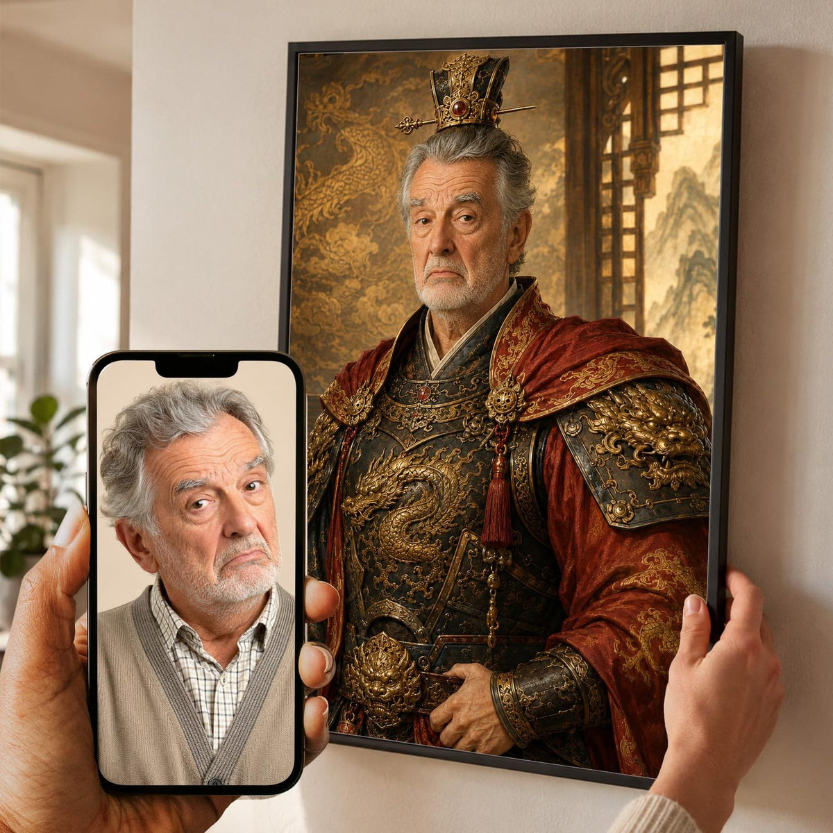 Portrait en empereur chinois façon tableau de maître d'après votre photo, coiffe impériale et paravent peint, en cadre noir, aussi en blanc, bois clair ou bois foncé, livré chez vous (exemple)