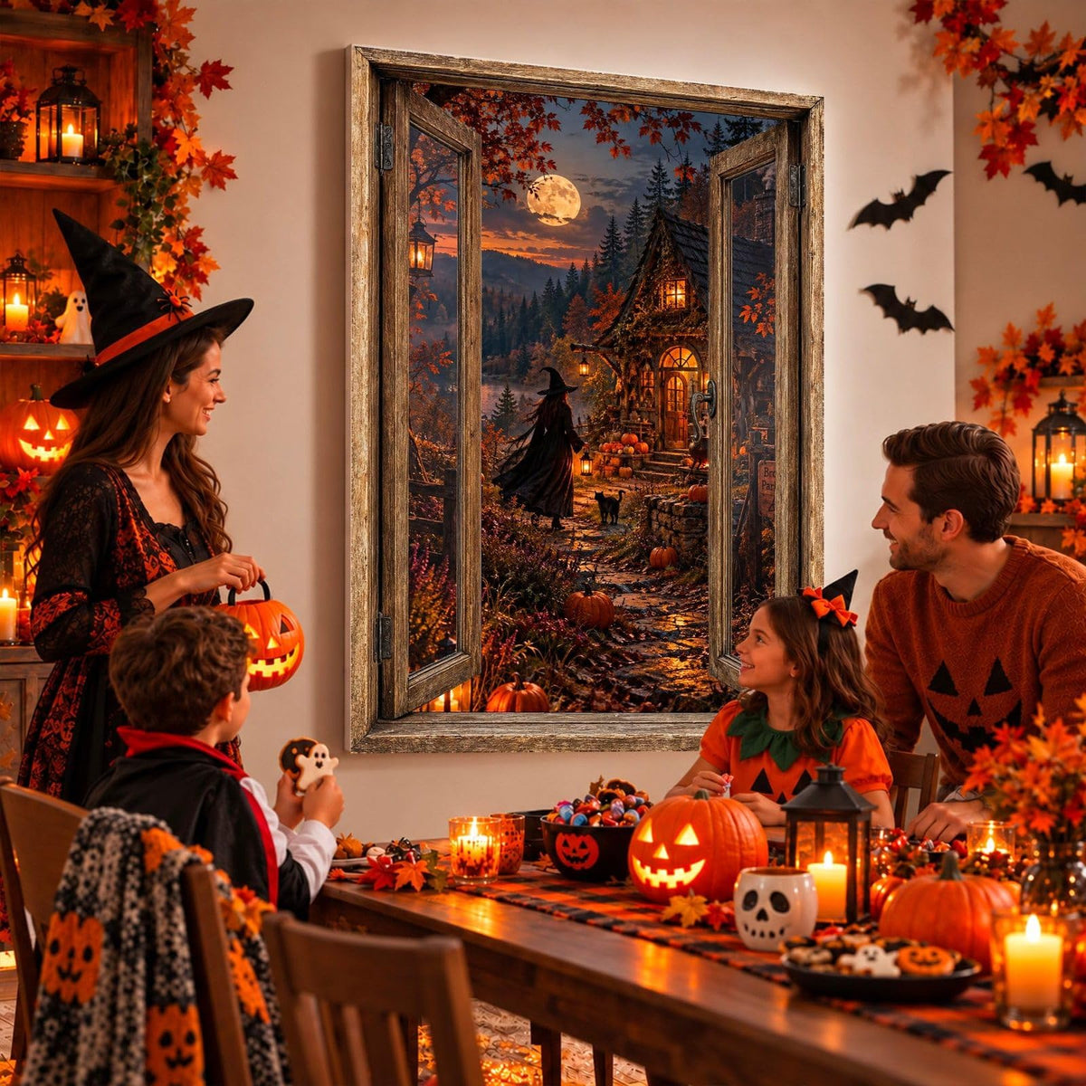 Idée d'usage : un goûter d'Halloween devant la sorcière qui rentre chez elle sous la lune, sur toile ou plexiglas en 60 x 40 cm, 80 x 60 cm ou 120 x 80 cm, fenêtre au choix, livré (exemple)