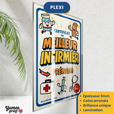 Certificat du meilleur infirmier sur plexiglas de 3 mm aux coins arrondis, finition brillante, avec son prénom et votre signature, livré chez vous (exemple)