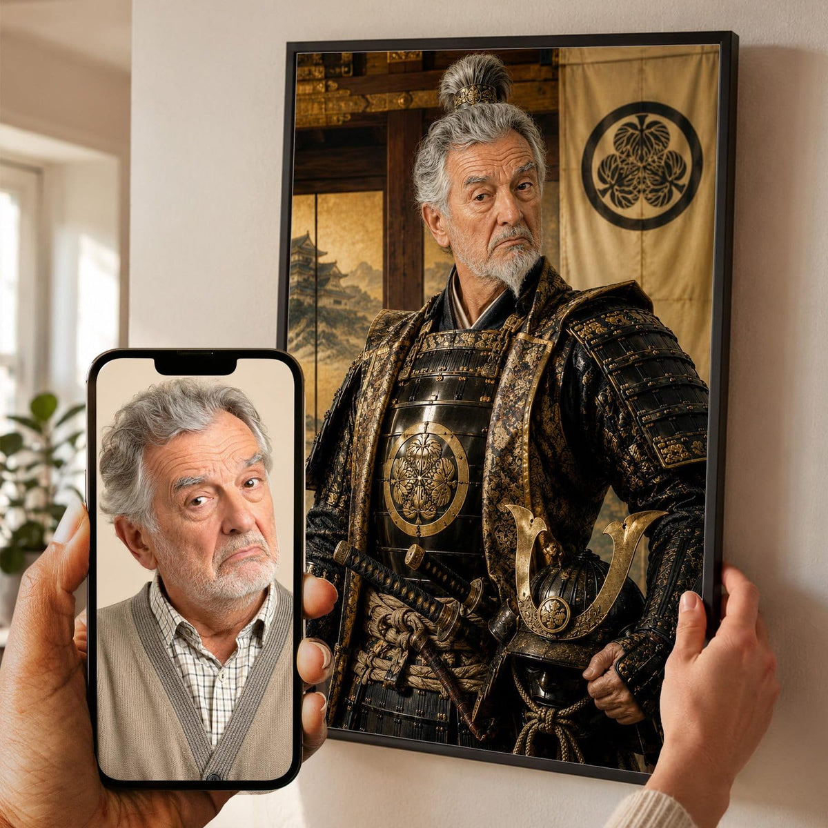 Portrait en samouraï façon tableau de maître d'après votre photo, bannière et château japonais en fond, en cadre noir, aussi en blanc, bois clair ou bois foncé, livré chez vous (exemple)