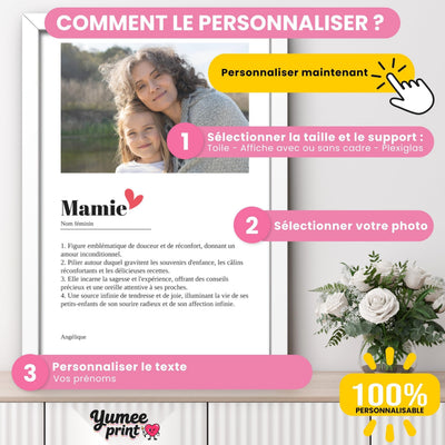 Personnalisez l'affiche Mamie : taille et support, votre photo, puis vos quatre définitions et votre signature avec vos prénoms ; imprimée et livrée chez vous (exemple)