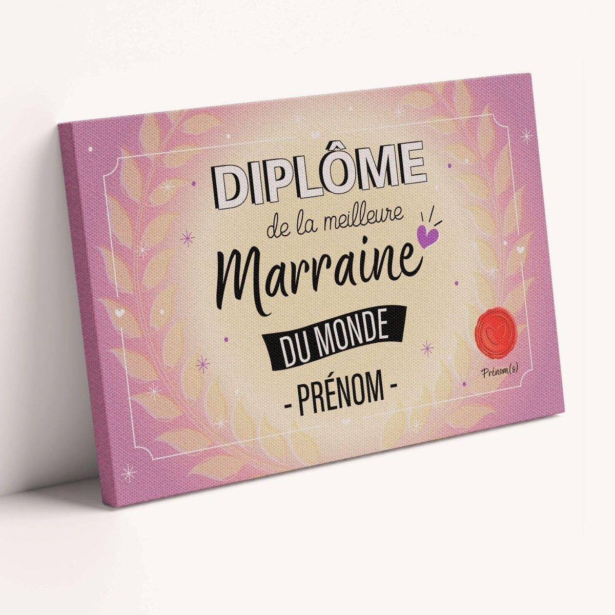 Diplôme humoristique « de la meilleure marraine du monde » à son prénom, façon parchemin mauve avec sceau rouge, sur toile canvas ; prénom et signature au choix, livré chez vous (exemple)