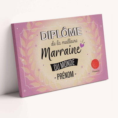 Diplôme humoristique « de la meilleure marraine du monde » à son prénom, façon parchemin mauve avec sceau rouge, sur toile canvas ; prénom et signature au choix, livré chez vous (exemple)
