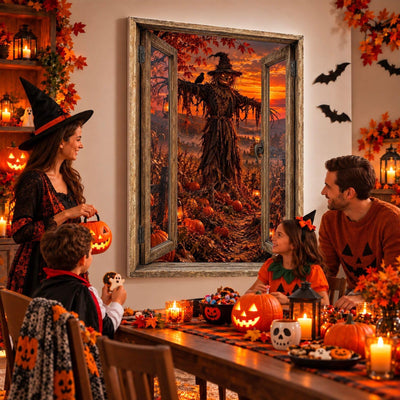 Idée d'usage : un goûter d'Halloween devant l'épouvantail et son champ de citrouilles au ciel orangé, sur toile ou plexiglas en 60 x 40 cm, 80 x 60 cm ou 120 x 80 cm, fenêtre au choix, livré (exemple)