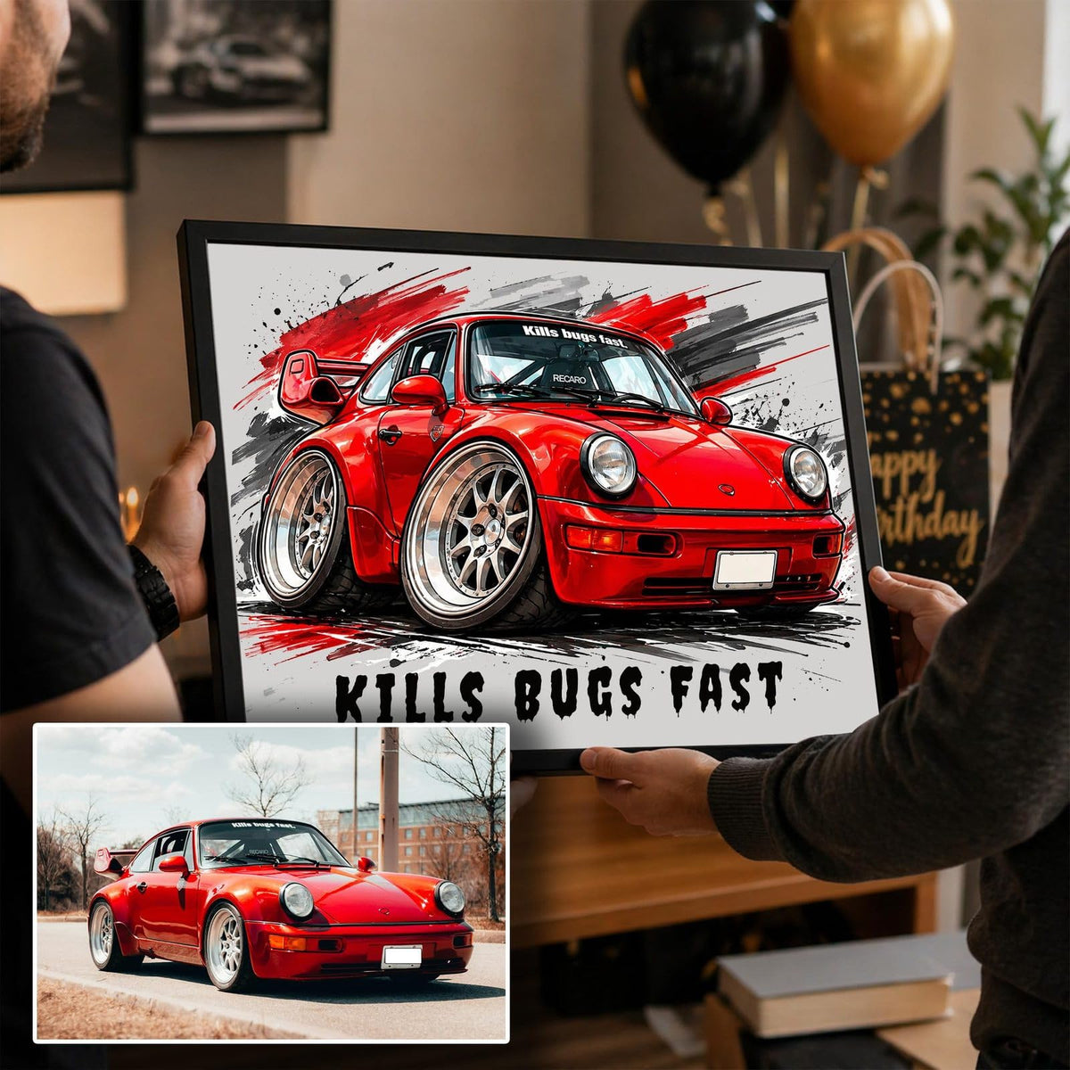 Caricature de voiture d'après votre photo, carrosserie gonflée et touches rouges, phrase au choix, en cadre noir, ici offerte pour un anniversaire, imprimée et livrée chez vous (exemple)