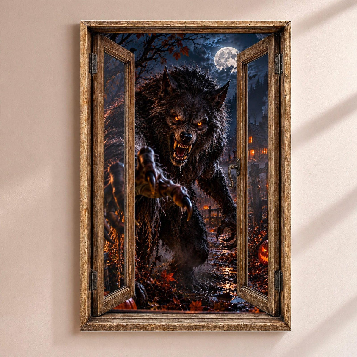 Déco Halloween en trompe-l'œil : un loup-garou aux crocs sortis qui bondit sous la pleine lune, par une fenêtre en bois rustique, sur toile canvas tendue ou plexiglas, livrée chez vous (exemple)