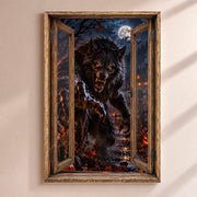 Déco Halloween en trompe-l'œil : un loup-garou aux crocs sortis qui bondit sous la pleine lune, par une fenêtre en bois rustique, sur toile canvas tendue ou plexiglas, livrée chez vous (exemple)