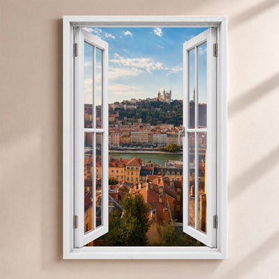 Trompe-l'œil sur Lyon : la basilique de Fourvière au-dessus de la Saône et du Vieux Lyon, par une fenêtre blanche ouverte, sur toile canvas tendue ou plexiglas, livré chez vous (exemple)