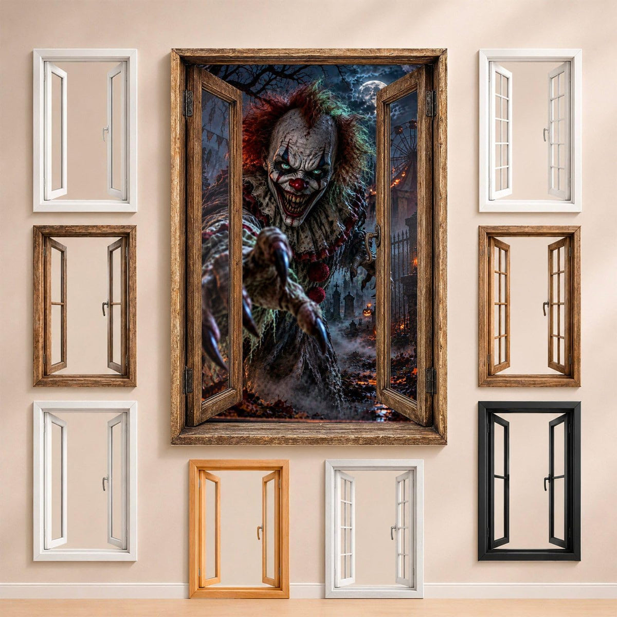 Le clown tueur aux griffes tendues devant une grande roue foraine, entouré des fenêtres au choix : bois, PVC blanc, à carreaux, alu noir ou sans fenêtre, décor livré sur toile ou plexiglas (exemple)