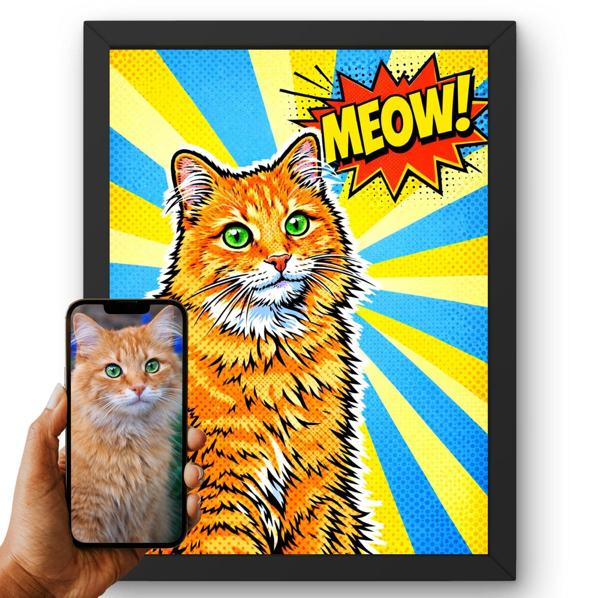 Création personnalisée : vous envoyez la photo de votre chat, elle devient un portrait pop art, rayons jaunes et bleus, trame de points, imprimé en cadre noir puis livré chez vous (exemple)