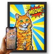 Création personnalisée : vous envoyez la photo de votre chat, elle devient un portrait pop art, rayons jaunes et bleus, trame de points, imprimé en cadre noir puis livré chez vous (exemple)