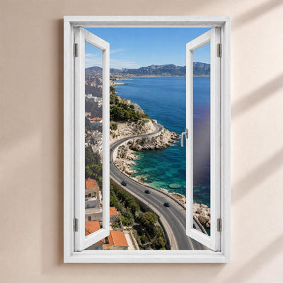 Trompe-l'œil sur Marseille : la route de la Corniche qui longe la mer turquoise, par une fenêtre blanche ouverte, sur toile canvas tendue ou plexiglas, livré chez vous (exemple)