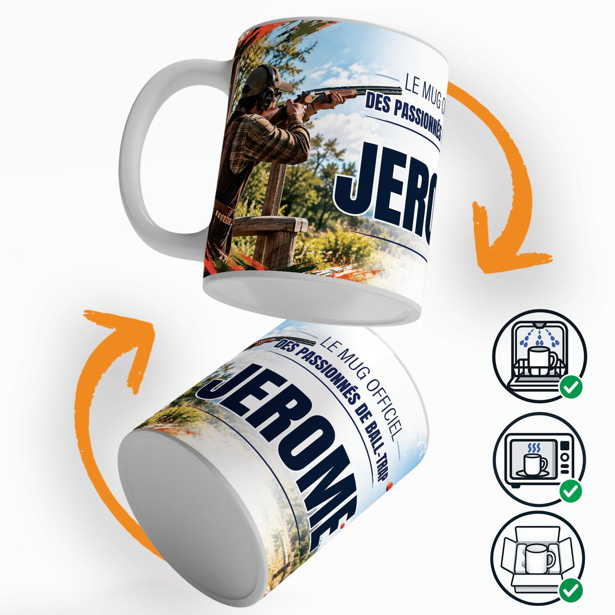 Mug ball-trap personnalisé qui tourne sur lui-même, avec trois pictogrammes : lave-vaisselle, micro-ondes et mug calé dans son emballage pour la livraison chez vous (exemple)
