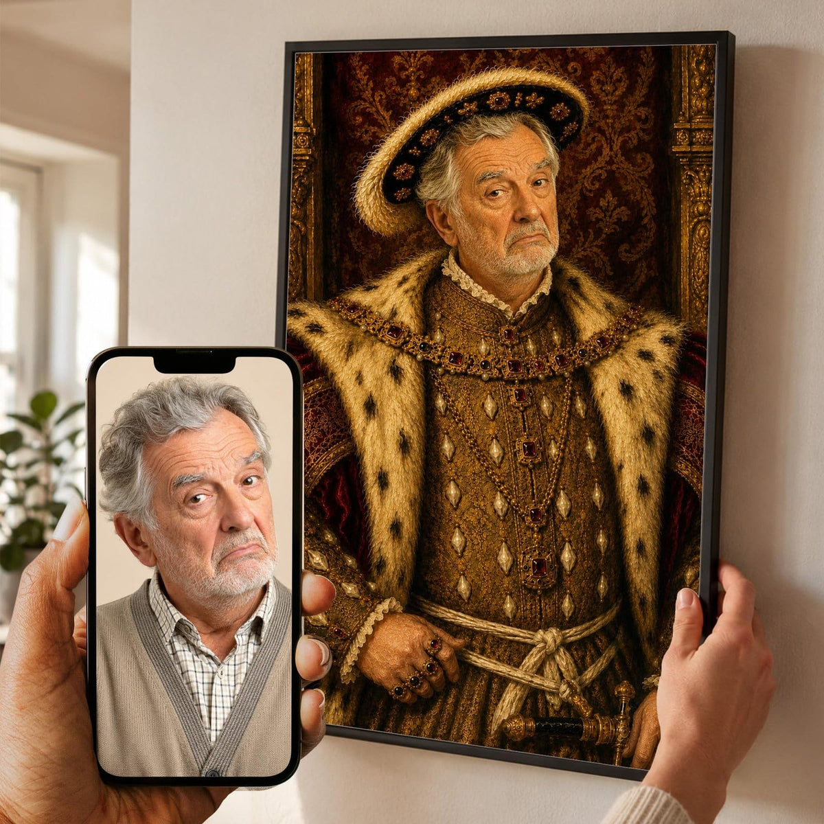 Portrait en seigneur de la Renaissance façon tableau de maître d'après votre photo, pourpoint doré et bijoux, en cadre noir, aussi en blanc, bois clair ou bois foncé, livré chez vous (exemple)