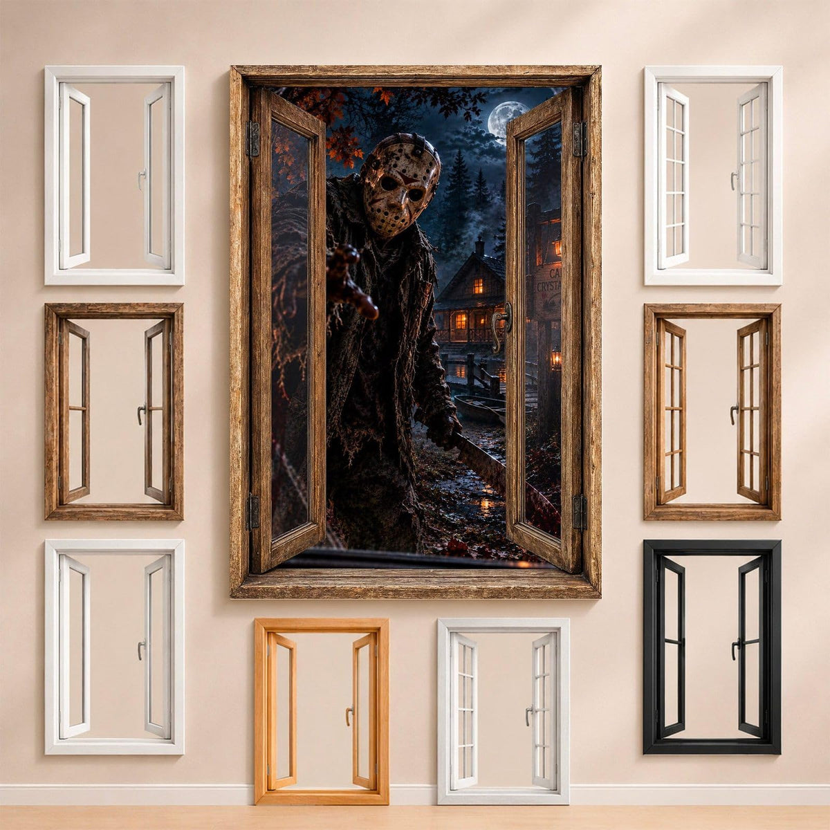 Le tueur masqué sous la pleine lune, chalets et sapins derrière lui, entouré des fenêtres au choix : bois, PVC blanc, à carreaux, alu noir ou sans fenêtre, décor livré sur toile ou plexiglas (exemple)