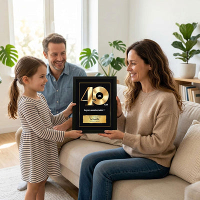Exemple d'usage : remise du disque d'or « 40 ans » en cadre noir, personnalisé au prénom avec signature et message choisis, imprimé et livré (exemple)