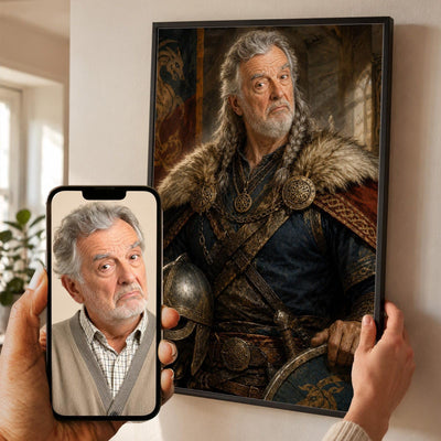 Portrait en chef viking façon tableau de maître d'après votre photo, casque et tenture au dragon, en cadre noir, aussi en blanc, bois clair ou bois foncé, livré chez vous (exemple)