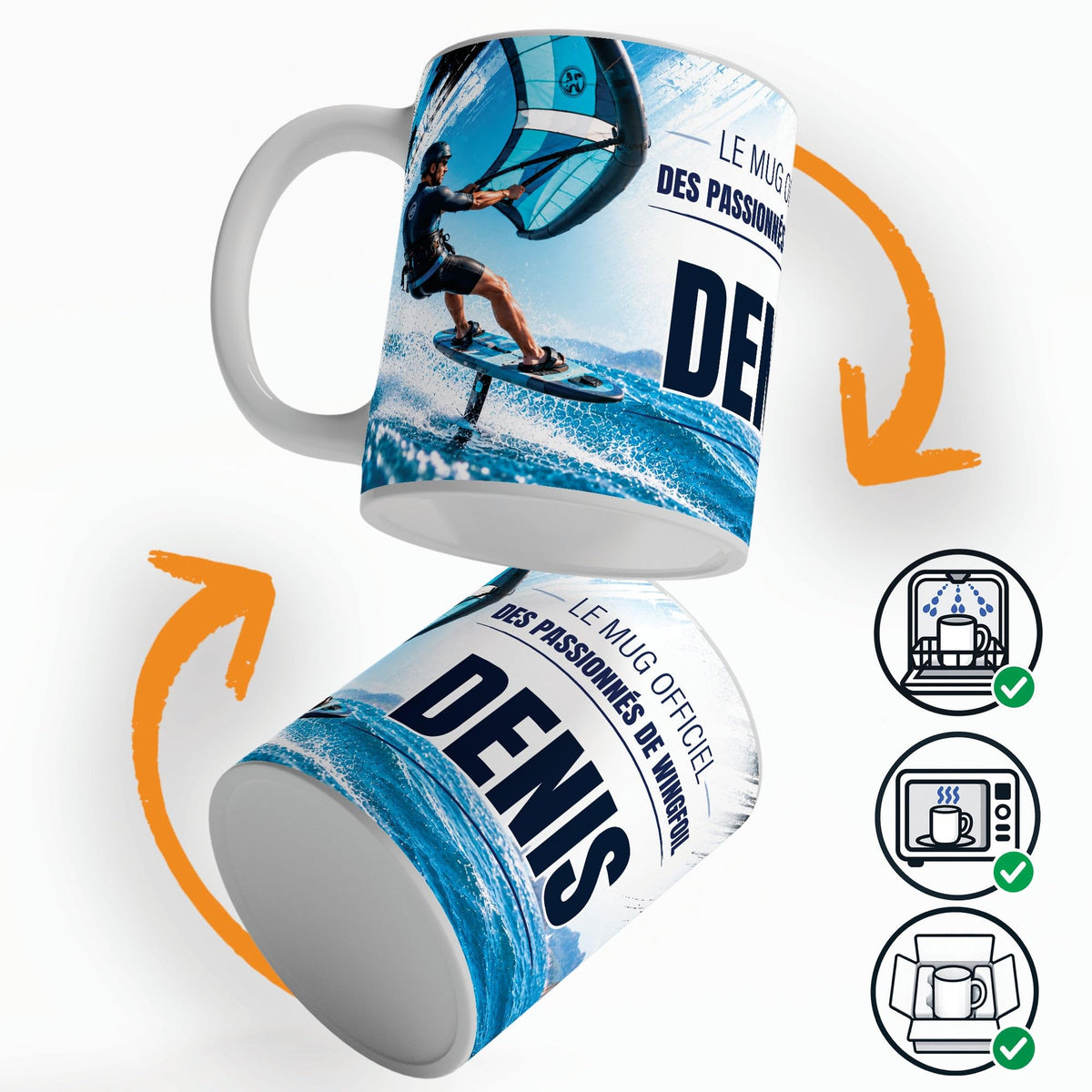 Mug wingfoil vu sous deux angles, prénom et texte au choix ; compatible lave-vaisselle et micro-ondes, expédié calé dans une boîte en carton jusque chez vous (exemple)