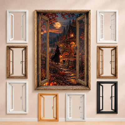 La sorcière, son chat noir et sa cabane dans la forêt d'automne, entourés des fenêtres au choix : bois, PVC blanc, à carreaux, alu noir ou sans fenêtre, décor livré sur toile ou plexiglas (exemple)