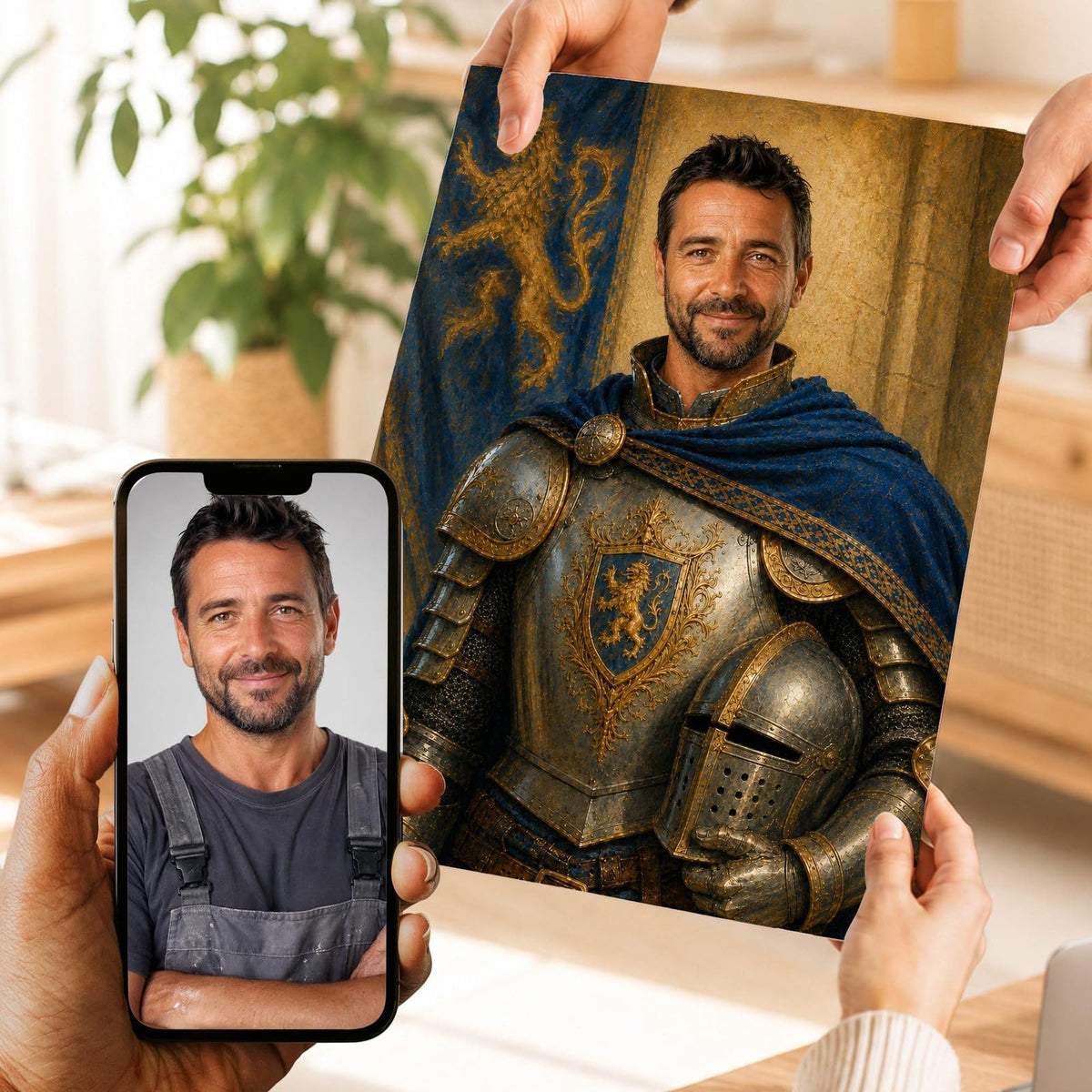Création personnalisée : votre visage en chevalier, armure ciselée, cape bleue et blason au lion, imprimée en affiche (poster), livrée chez vous ; photo d'origine sur le téléphone (exemple)