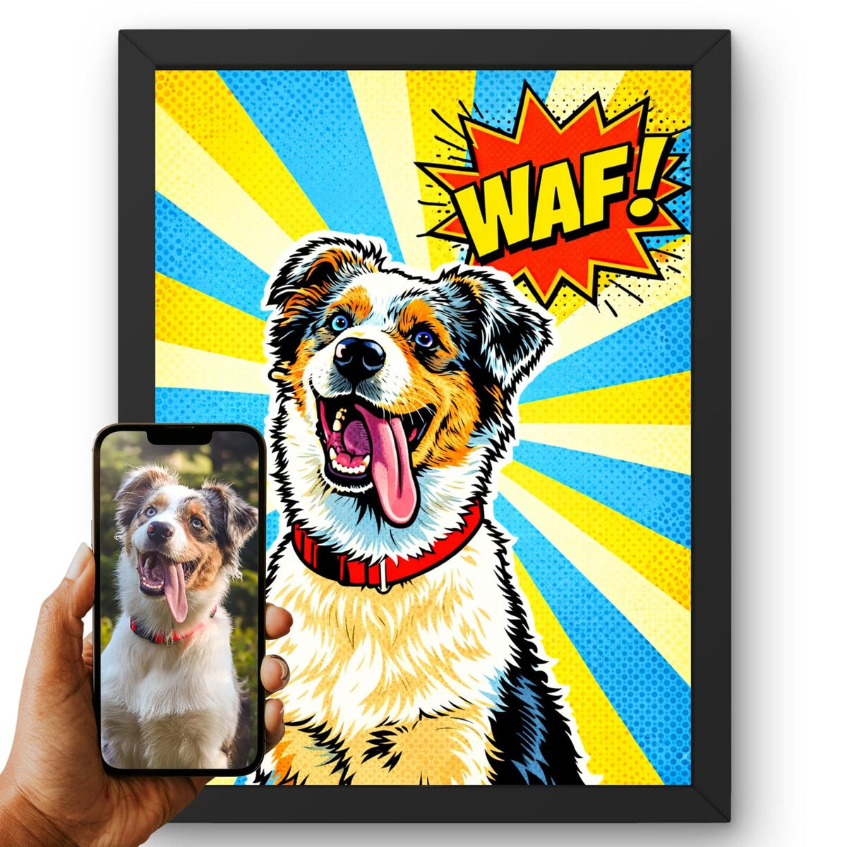 Création personnalisée : vous envoyez la photo de votre chien, elle devient un portrait pop art, rayons jaunes et bleus, trame de points, imprimé en cadre noir puis livré chez vous (exemple)