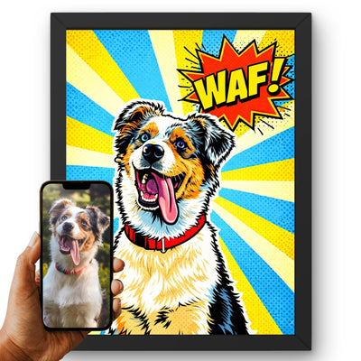 Création personnalisée : vous envoyez la photo de votre chien, elle devient un portrait pop art, rayons jaunes et bleus, trame de points, imprimé en cadre noir puis livré chez vous (exemple)
