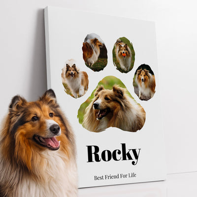 Empreinte de patte personnalisée : 5 photos de votre chien dans les coussinets, son prénom et votre phrase, imprimée sur toile canvas et livrée chez vous (exemple)