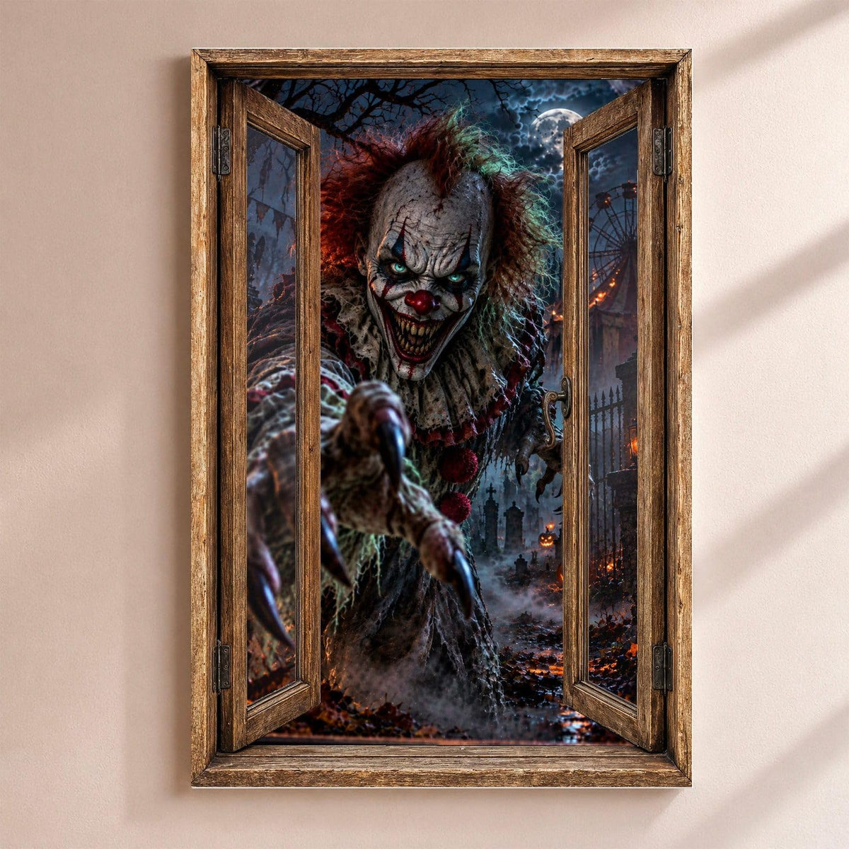 Déco Halloween en trompe-l'œil : un clown inquiétant aux griffes tendues devant une fête foraine, par une fenêtre en bois rustique, sur toile canvas tendue ou plexiglas, livrée chez vous (exemple)