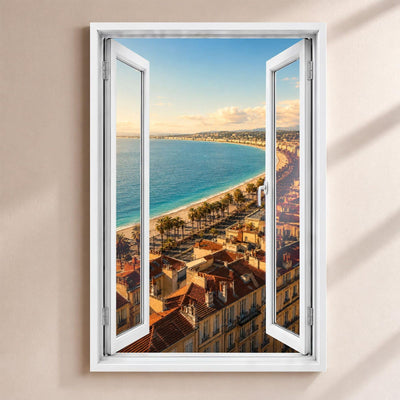 Trompe-l'œil sur Nice : la baie des Anges et la promenade bordée de palmiers, par une fenêtre blanche ouverte, sur toile canvas tendue ou plexiglas, livré chez vous (exemple)