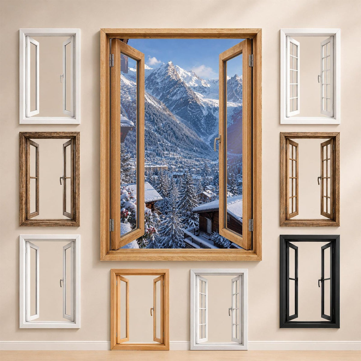 La vue sur Chamonix-Mont-Blanc et les styles de fenêtre proposés pour l'encadrer : bois, PVC blanc, alu noir ou sans fenêtre, imprimée sur toile ou plexiglas puis livrée (exemple)