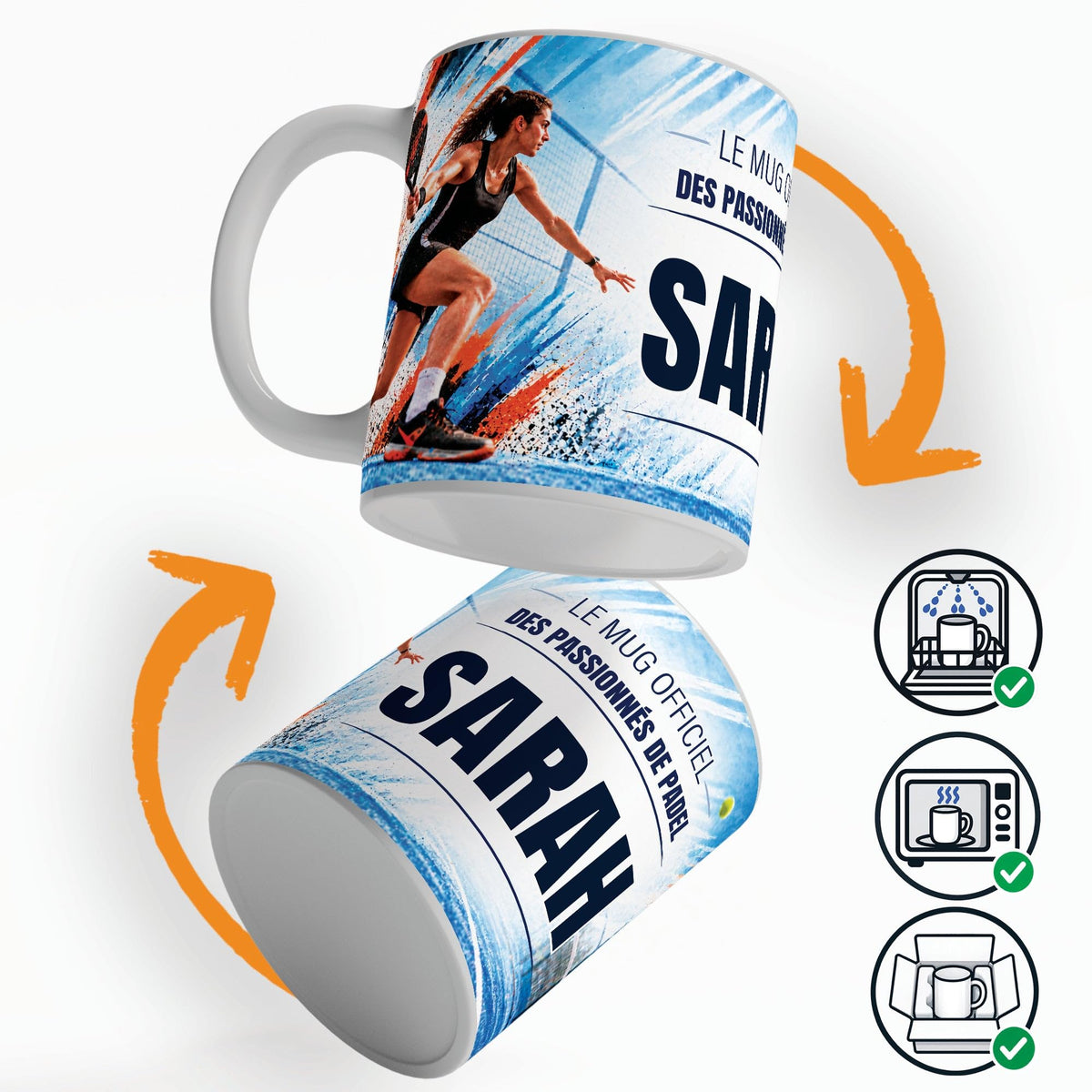 Mug padel femme vu sous deux angles, prénom et texte au choix ; compatible lave-vaisselle et micro-ondes, expédié calé dans une boîte en carton jusque chez vous (exemple)