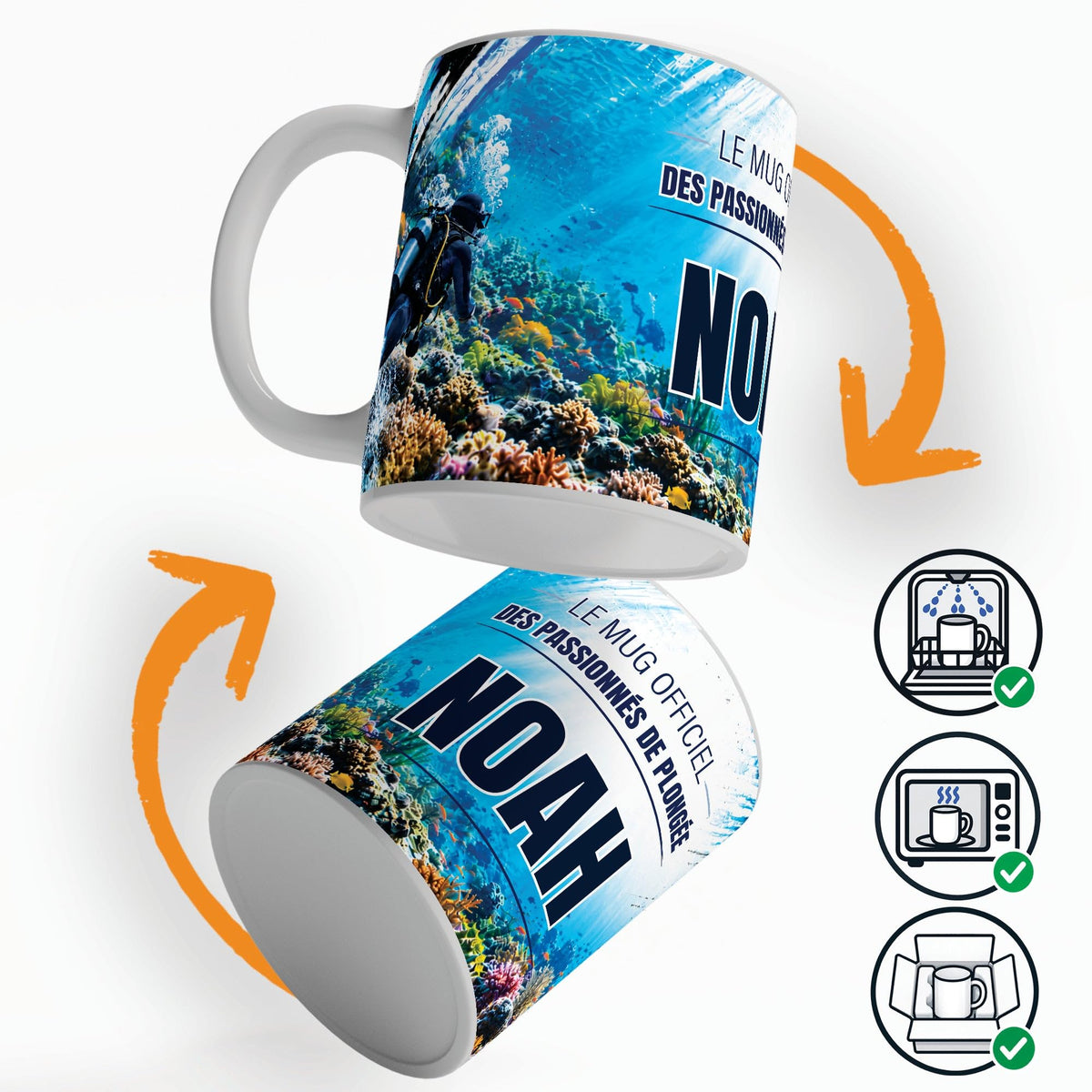 Mug plongée sous-marine vu sous deux angles, prénom et texte au choix ; compatible lave-vaisselle et micro-ondes, expédié calé dans une boîte en carton jusque chez vous (exemple)