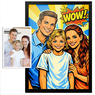 Portrait pop art d'après votre photo, trame de points et aplats vifs, présenté en cadre noir à côté de la photo d'origine, puis livré chez vous (exemple)