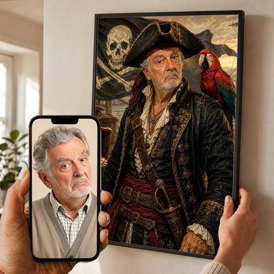 Portrait en capitaine pirate façon tableau de maître d'après votre photo, perroquet et pavillon à tête de mort, en cadre noir, aussi en blanc, bois clair ou bois foncé, livré chez vous (exemple)