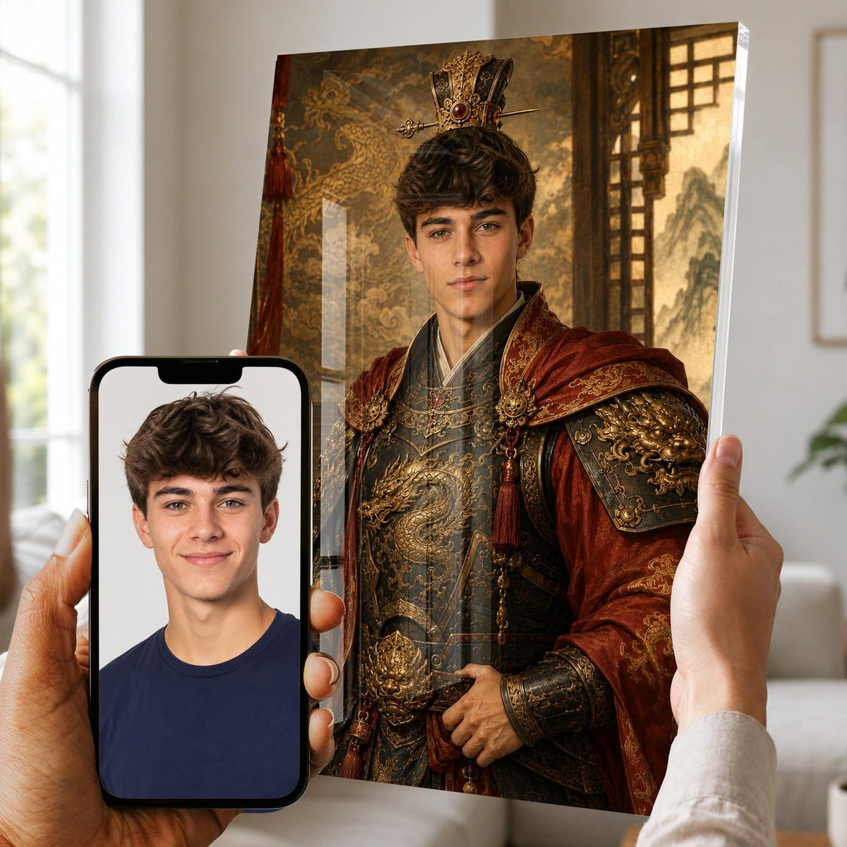 Portrait d'apparat en empereur chinois sur plexiglas brillant : coiffe impériale et paravent peint, votre visage gardé d'après votre photo, imprimé puis livré chez vous (exemple)