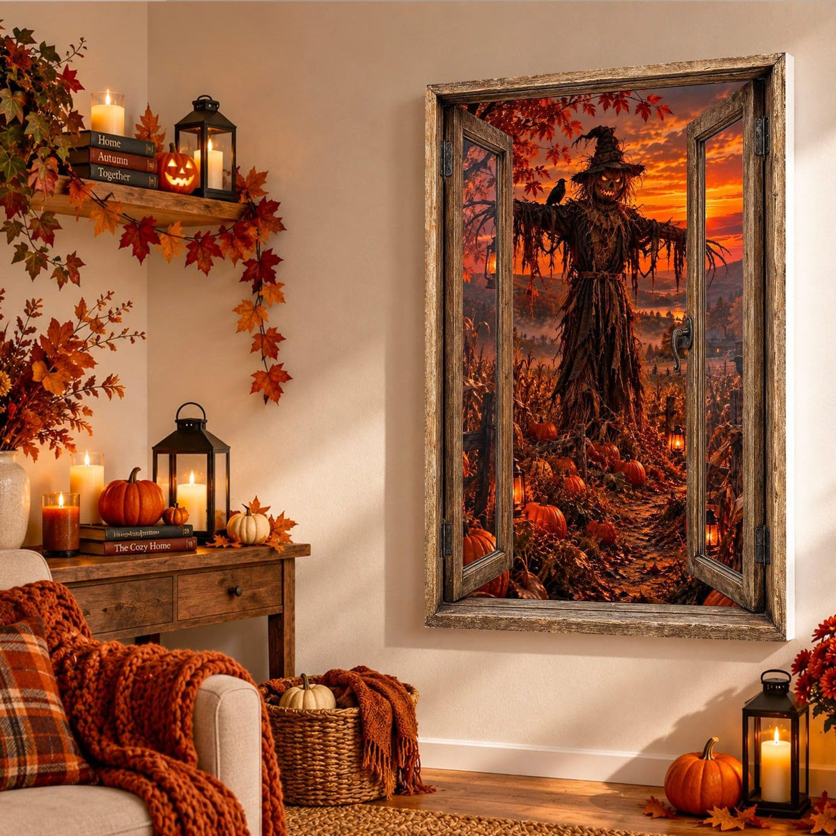 Dans un salon d'automne, l'épouvantail se dresse entre les citrouilles et le maïs, en trompe-l'œil sur toile tendue, toile premium sur châssis de 4 cm ou plexiglas, livré chez vous (exemple)