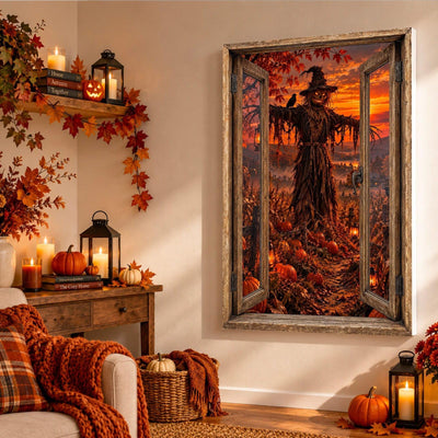 Dans un salon d'automne, l'épouvantail se dresse entre les citrouilles et le maïs, en trompe-l'œil sur toile tendue, toile premium sur châssis de 4 cm ou plexiglas, livré chez vous (exemple)