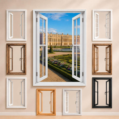 La vue sur Versailles et les styles de fenêtre proposés pour l'encadrer : bois, PVC blanc, alu noir ou sans fenêtre, imprimée sur toile ou plexiglas puis livrée (exemple)