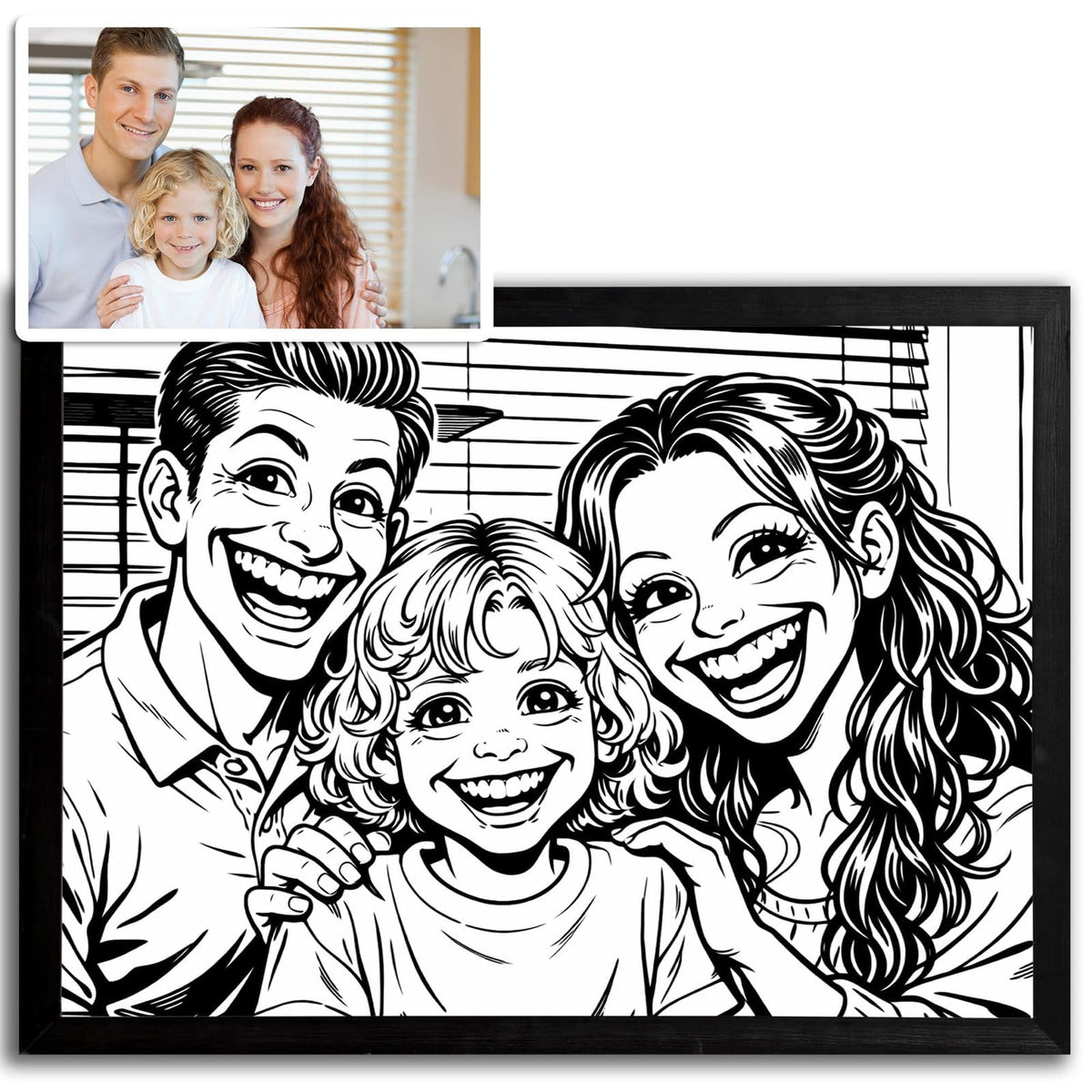 Votre photo transformée en caricature à l'encre noire façon caricaturiste de rue, traits exagérés et contours marqués, présentée en cadre noir paysage, livrée chez vous (exemple)