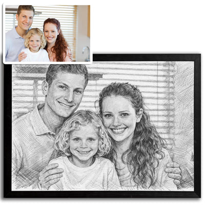 Portrait au crayon gris d'après votre photo, dégradés de gris et contours précis, présenté en cadre noir paysage à côté de la photo d'origine, livré chez vous (exemple)