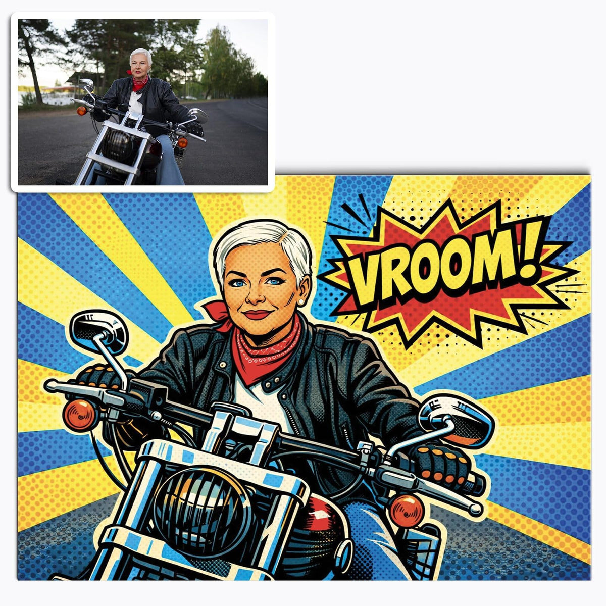Votre photo transformée en portrait pop art au format paysage, bulle « VROOM » et aplats vifs, imprimé en affiche (poster) et livré chez vous (exemple)