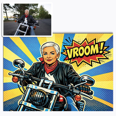 Votre photo transformée en portrait pop art au format paysage, bulle « VROOM » et aplats vifs, imprimé en affiche (poster) et livré chez vous (exemple)
