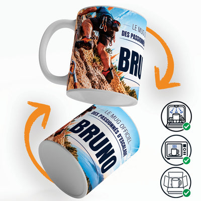 Mug escalade personnalisé qui tourne sur lui-même, avec trois pictogrammes : lave-vaisselle, micro-ondes et mug calé dans son emballage pour la livraison chez vous (exemple)