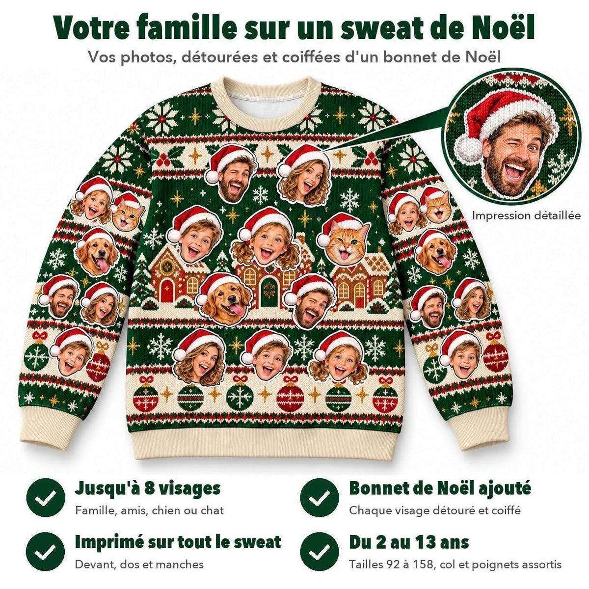 Sweat de Noël enfant vert sapin : jusqu'à 8 visages détourés et coiffés d'un bonnet, imprimés devant, dos et manches, tailles de 2 à 13 ans, livré chez vous (exemple)