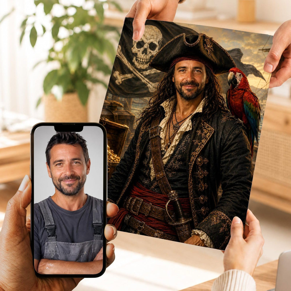 Création personnalisée : votre visage en capitaine pirate, tricorne, veste brodée et sabre, imprimée en affiche (poster), livrée chez vous ; photo d'origine sur le téléphone (exemple)