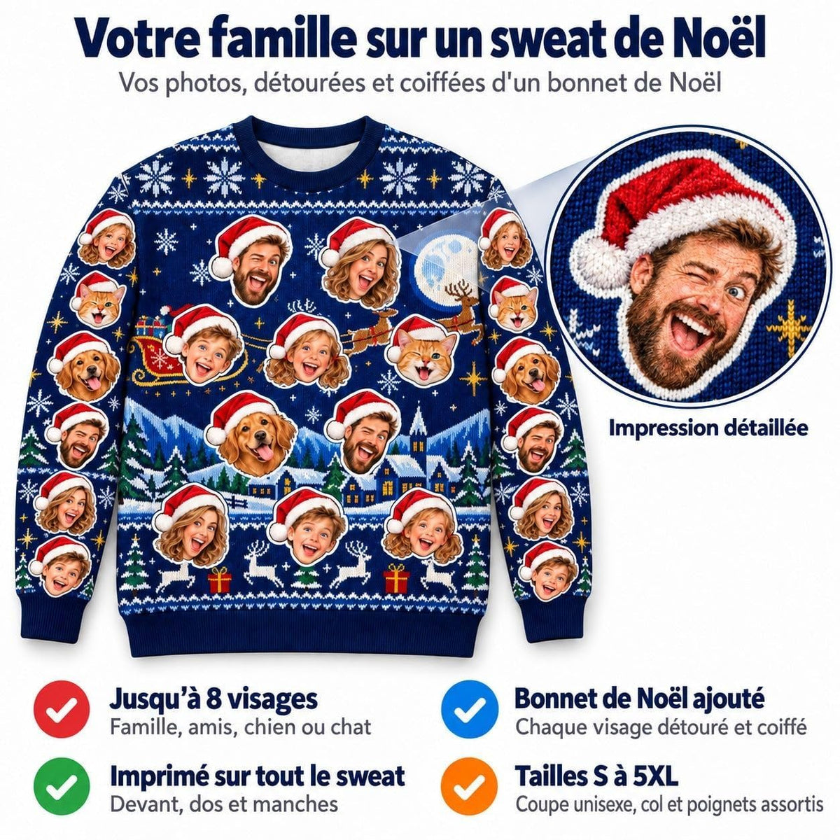 Sweat de Noël bleu nuit unisexe : jusqu'à 8 visages détourés et coiffés d'un bonnet, imprimés sur le devant, le dos et les manches, tailles S à 5XL, livré chez vous (exemple)